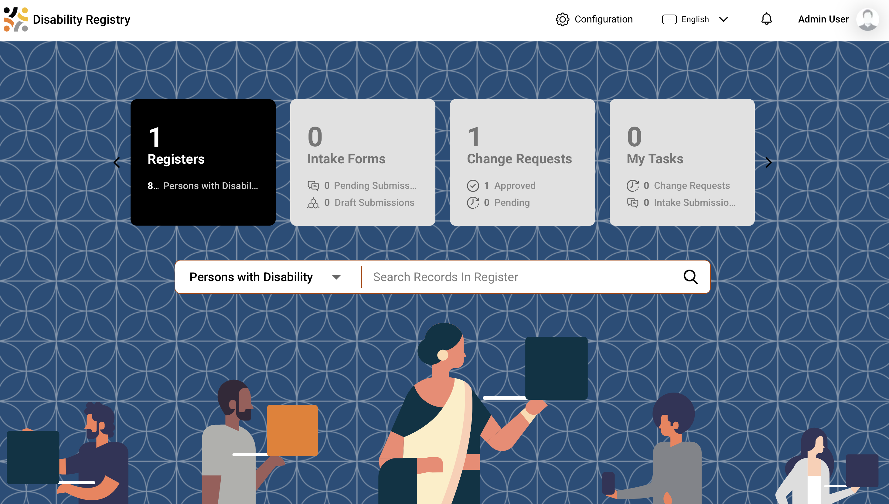 Disability Registry staff portal — a person record showing disability status, impairments and support needs